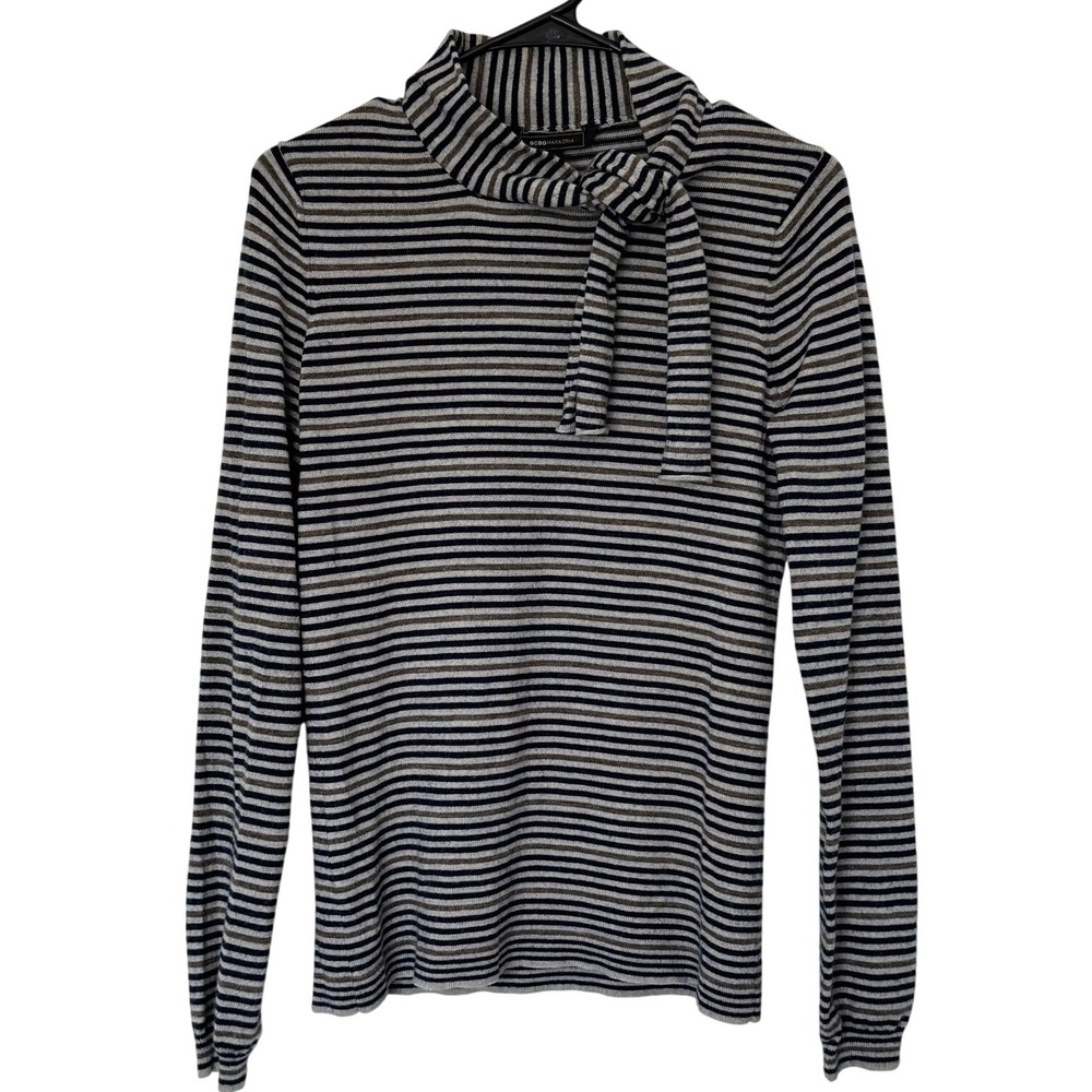BCBGMaxAzria Merino Wool Striped Knit Tie Mock Neck Navy White Sweater Top Sz M
